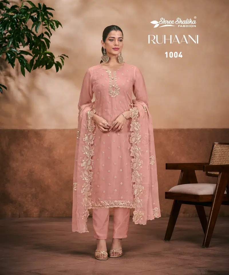 Ruhani By shree Shalika Organza Chiffon Embroidery Dress Material Suppliers In India